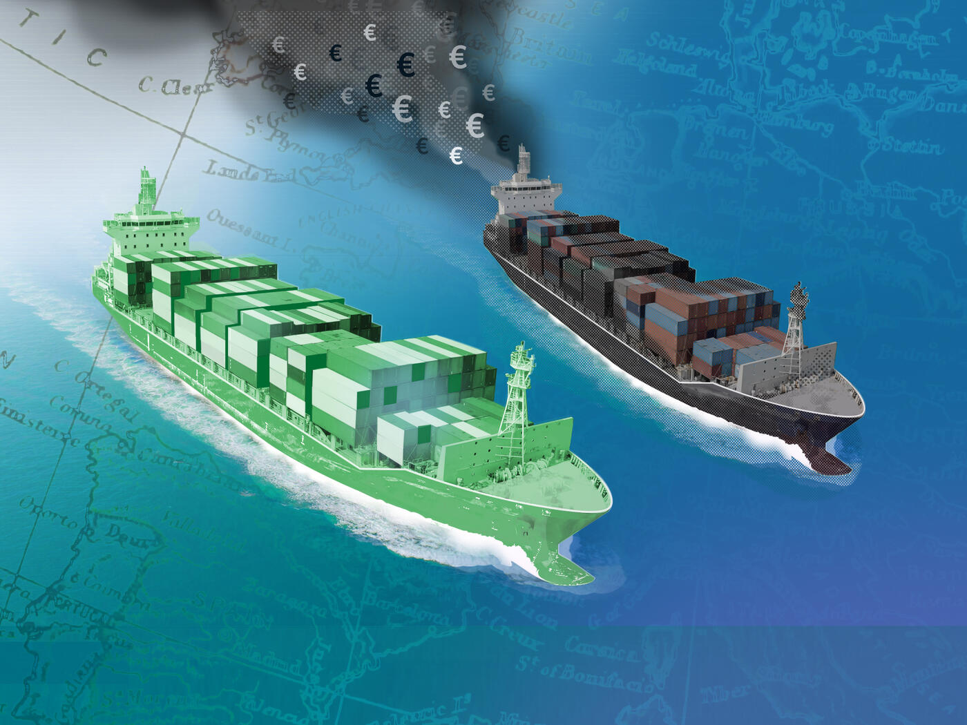 Two cargo ships are side-by-side in the ocean; one is green and the other is dark and dirty and emitting pollution with the euro coin symbol