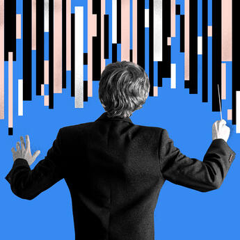 A person in business attire holding a maestro baton orchestrating data imagery in the background